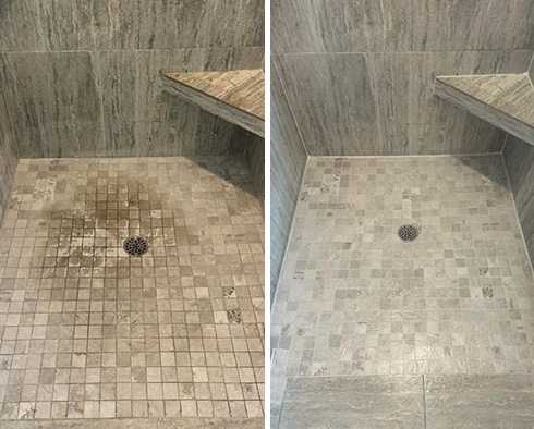 Shower Floor and Walls Before and After a Tile Cleaining in Forth Myers