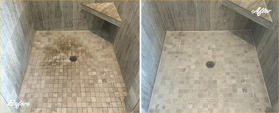 Shower Floor and Walls Before and After a Tile Cleaining in Forth Myers