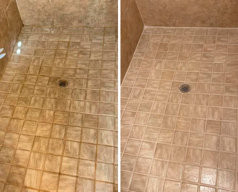 Shower Floor Before and After Our Hard Surface Restoration Services in Bonita Springs