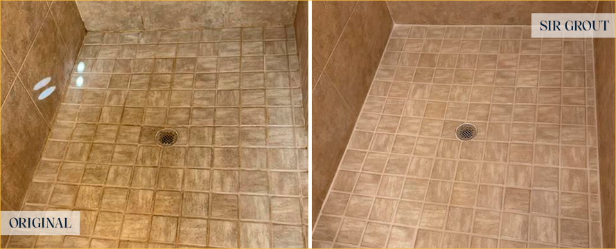 Shower Floor Before and After Our Hard Surface Restoration Services in Bonita Springs