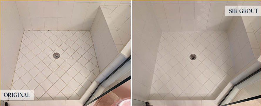 Shower Floor and Seams Before and After a Tile Cleaning in Estero