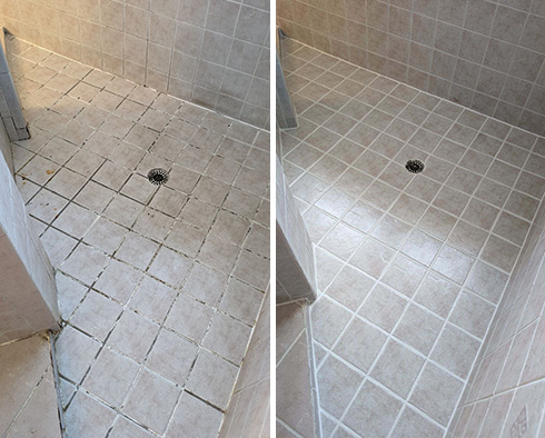 Shower Floor Before and After a Service from Our Tile and Grout Cleaners in Cape Coral