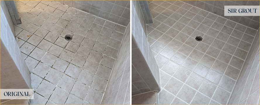 Shower Floor Before and After a Service from Our Tile and Grout Cleaners in Cape Coral