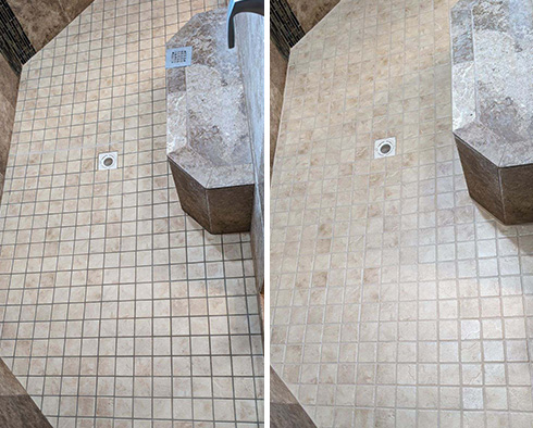 Shower Floor Before and After a Grout Recoloring in Fort Myers