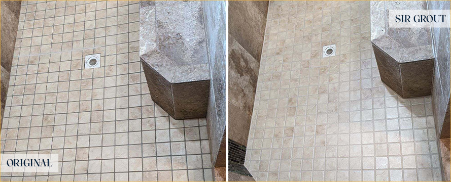 Shower Floor Before and After a Grout Recoloring in Fort Myers